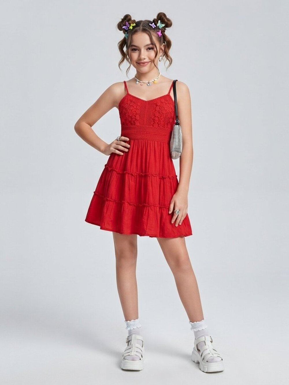 Rare Editions Girls Red Crochet Gauze Dress Sz 12 Cotton Tiered Boho Party Twirl